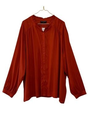 Lane Bryant Rust Ruffle Neck Pleated Long Sleeve Button Down Top NWT